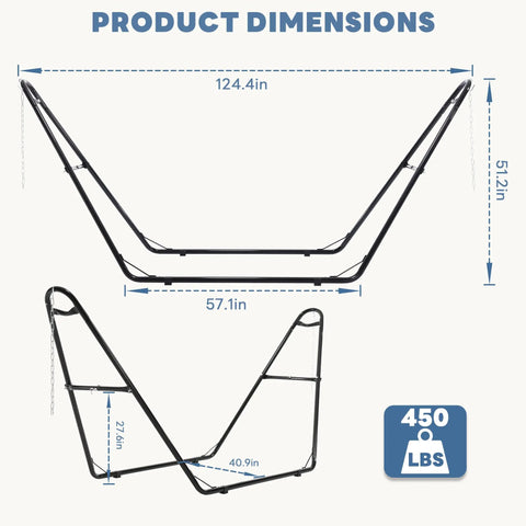 Heavy Duty Universal Double Hammock Stand For Two People, Steel Indoor Outdoor Frame, dimensions 124.4x40.9x51.2 inches