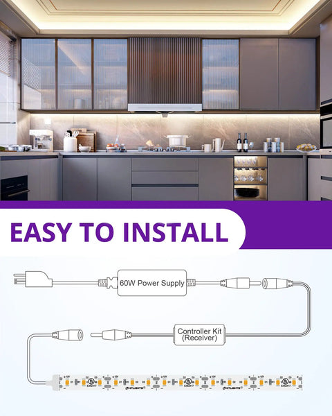 White LED Strip Lights Kit With Remote And 12V Power Supply, 16.4ft High-Density Dimmable Tape Light 4000K, 600 LEDs, 300 lm/ft, UL Listed, Flexible Rope Lights For Bedroom, Kitchen, Cabinets