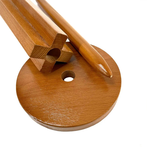 Wooden Katana Stand For Tatami Mats And Cutting Practice parts, showing wooden base and pegs for Heavy Duty Target Base assembly.