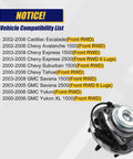 Front Wheel Bearing Hub Assembly 2Pcs For 2000-2008 Cadillac Escalade, Chevy Avalanche, Express Suburban 1500 2500, Tahoe, GMC Savana, Yukon XL 1500 2500 With 6 Lug Bolts And ABS compatibility list and front view