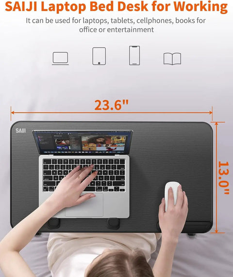 Person using Adjustable Laptop Desk Tray For Bed And Couch Portable Folding Table With 5 Height Levels And 4 Tilt Angles