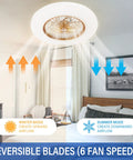 22 Inch Ceiling Fan With Light in a bedroom, showing airflow direction for reversible blades and 6 speed settings.