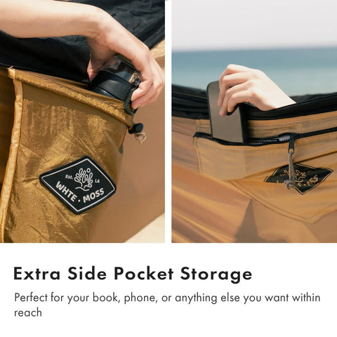 Side pockets of Suparpine Camping Hammock With Straps Included Sand Color for storage during outdoor adventures.