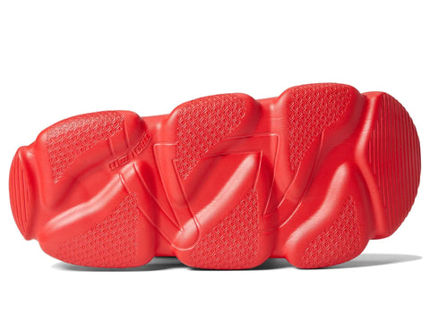 Sole view of Mens Meloso Squish SL Slides in Scarlet, emphasizes textured design for grip, size 11 M, man-made material.