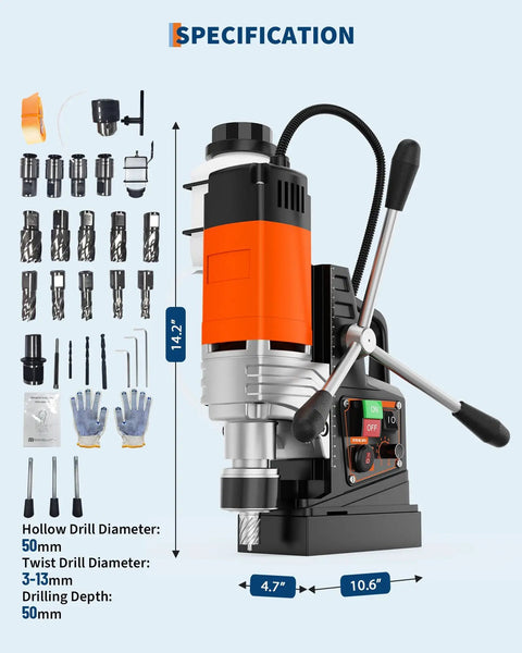 2 Inch Magnetic Drill Press 1850W High Torque Variable Speed Power Tool With Strong Holding Force For Industrial Boring and Heavy Duty Metalworking Projects with specifications displayed.