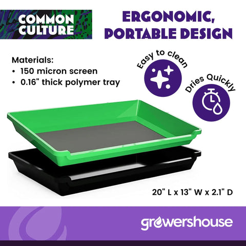 All In One Trimming Tray Kit For Plants With 13x20 Inch Tray And 150 Micron Pollen Screen Bottom in green and black