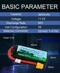 3S LiPo Battery 11.4V 60C 3600mAh Beefy RC Power Pack With XT60 Adapter And T Plug with specifications chart