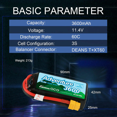 3S LiPo Battery 11.4V 60C 3600mAh Beefy RC Power Pack With XT60 Adapter And T Plug with specifications chart