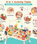 Sturdy Wooden Montessori Activity Table For Toddlers Ages 1 To 3, 9 In 1 Busy Toy with various traffic activity elements.