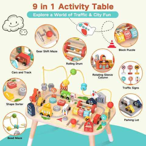 Sturdy Wooden Montessori Activity Table For Toddlers Ages 1 To 3, 9 In 1 Busy Toy with various traffic activity elements.