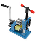 Manual Rolling Mill Machine For Jewelry Making, Hand Crank Ring And Bracelet Bending Kit on a stable blue base with red handles.