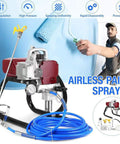 Pretty Darn Smooth Electric Pneumatic Paint Sprayer Delivers Knockout Latex Coverage And Sweet Wood Furniture Finishing With Precision Fan Shaped Nozzle Plus Dust Resistant Switch Shield For Flawless Diy Makeovers, showing airless paint sprayer with blue hose and spray gun.