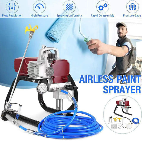 Pretty Darn Smooth Electric Pneumatic Paint Sprayer Delivers Knockout Latex Coverage And Sweet Wood Furniture Finishing With Precision Fan Shaped Nozzle Plus Dust Resistant Switch Shield For Flawless Diy Makeovers, showing airless paint sprayer with blue hose and spray gun.