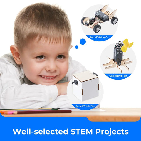 CyberPi Project Based Coding Kit For Kids Ages Eight To Twelve With Hands On STEM Projects Including An Auto Driving Car An Oscillating Fan And A Smart Trash Bin Made To Spark Creative Problem Solving And Real World Tech Skills. Child with STEM kit projects