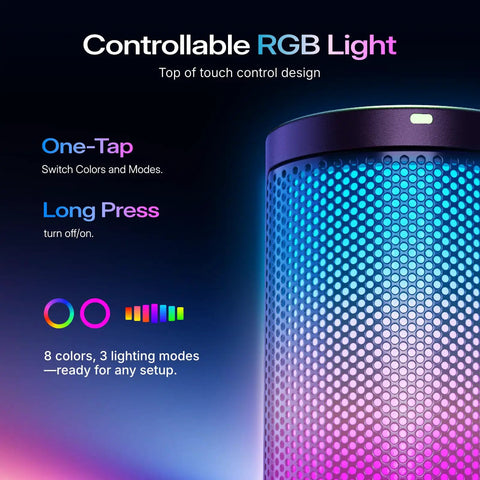 Close-up of RGB light on USB Gaming Microphone With Noise Cancellation One Click Mute Gain Control Real Time Monitoring Boom Arm Slick.