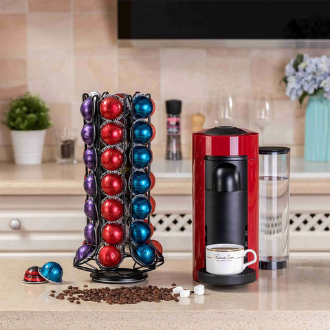Nespresso Vertuo Pod Holder Carousel Stand 360 Degree Spinning Coffee Capsule Organizer for 60 Pods Black next to red machine