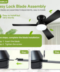 42 Inch Low Profile Ceiling Fan With Lights And Remote Reversible DC Motor Sleek Black Flush Mount For Bedroom And Living Room 3 CCT Dimmable With Timer showing blade assembly instructions