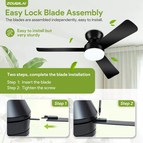 42 Inch Low Profile Ceiling Fan With Lights And Remote Reversible DC Motor Sleek Black Flush Mount For Bedroom And Living Room 3 CCT Dimmable With Timer showing blade assembly instructions
