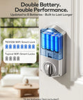 Wifi Fingerprint Smart Door Lock For Front Door Keyless Entry With App Remote Control And Alexa Google Home Compatible Fresh Satin Nickel Design showing battery compartment with 8 AA batteries installed.