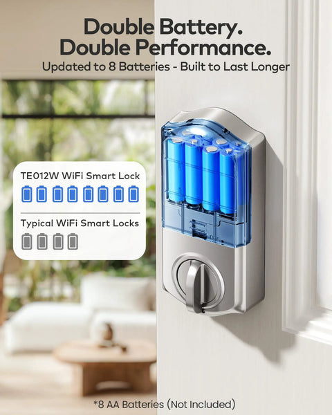 Wifi Fingerprint Smart Door Lock For Front Door Keyless Entry With App Remote Control And Alexa Google Home Compatible Fresh Satin Nickel Design showing battery compartment with 8 AA batteries installed.