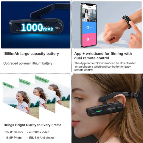 Head Mounted 4K Video Camera for Hands Free Vlogging Wearable UHD 1080p 60fps Action Cam with WiFi App Control EIS 6.0 features