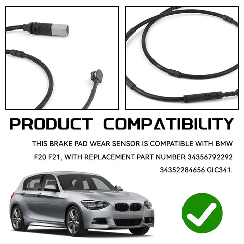 QKYS BMW rear brake pad wear sensor; black cable with gray plug, two close-up views.