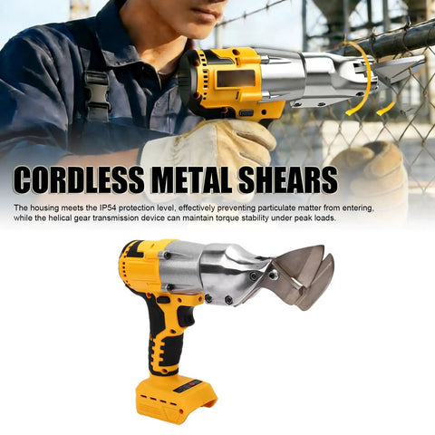 Fafeicy Cordless Metal Shears Deliver 400Nm Torque For Cutting Stainless Steel And Sheet Metal With 360 Rotating Head Electric Cutter featuring a close-up view and ergonomic handle.
