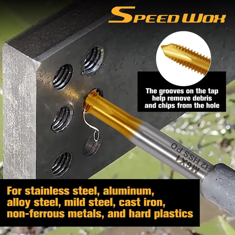 Kickass 7pc Micro Tap Drill Kit High Speed Steel Metric Plug Threads M2 To M6 Compact Storage Box showing a gold titanium tap cutting through steel.