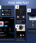 Plug and play instructions for Endoscope Camera With Light 1920P HD Borescope With 8 Adjustable LED Lights on iOS and Android