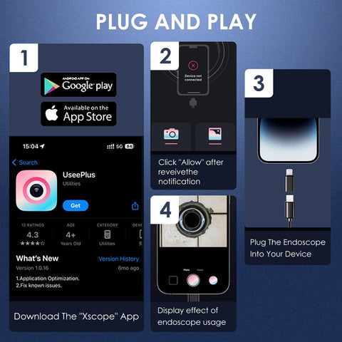 Plug and play instructions for Endoscope Camera With Light 1920P HD Borescope With 8 Adjustable LED Lights on iOS and Android