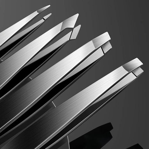 Four Pack Stainless Steel Tweezers Set With Flat Slanted Pointed And Hooked Tips For Eyebrow Shaping Ingrown Hair Removal Splinters And Facial Grooming Pro Grade Durable Precision Tools For Everyday Grooming close-up of stainless steel tips