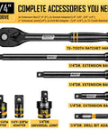 Quarter Inch Drive Impact Socket Set - 74 Piece SAE and Metric Deep and Shallow Sockets With Painted Markings, Cr-Mo Tough Build, 72-tooth ratchet, extension bars, adapters, universal joint.