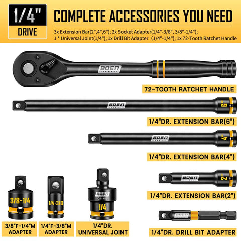 Quarter Inch Drive Impact Socket Set - 74 Piece SAE and Metric Deep and Shallow Sockets With Painted Markings, Cr-Mo Tough Build, 72-tooth ratchet, extension bars, adapters, universal joint.