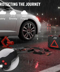 3 Ton Electric Car Jack Set with 12V Automatic Lift Kit in use near sedan during rain, showing parts and remote control