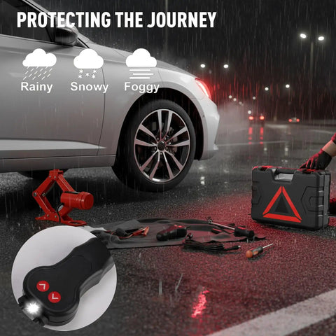 3 Ton Electric Car Jack Set with 12V Automatic Lift Kit in use near sedan during rain, showing parts and remote control