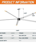 Industrial 144 Inch Aluminum Ceiling Fan Equipped With An Ultra Quiet Dc Motor And Five Heavy Duty Blades Delivering Kickin Airflow For Warehouses And Spacious Rooms In Sleek Silver Gray Finish - dimensions and specifications.
