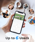 Person holding phone showing Solar Wireless Outdoor Security Camera With PTZ Control And Motion Detection app, supporting up to 6 users.