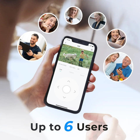 Person holding phone showing Solar Wireless Outdoor Security Camera With PTZ Control And Motion Detection app, supporting up to 6 users.