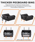 Close-up of thick black pegboard bins with hooks for Extra Thick 220 Piece Pegboard Organizer Kit With Heavy Duty Black Pegboard Hooks Bins And Peg Lock For Garage Wall Mounts Includes 15 Hook Types Pliers Holder Ring Tool Holder And Multi Tool Rack Storage.