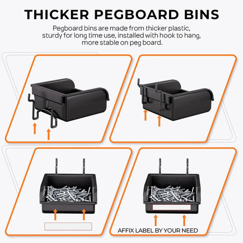 Close-up of thick black pegboard bins with hooks for Extra Thick 220 Piece Pegboard Organizer Kit With Heavy Duty Black Pegboard Hooks Bins And Peg Lock For Garage Wall Mounts Includes 15 Hook Types Pliers Holder Ring Tool Holder And Multi Tool Rack Storage.