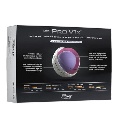 Pro V1X High Numbers Golf Balls For Max Distance And Higher Flight Featuring Dual Core Tech packaging with cutaway view showing layers.