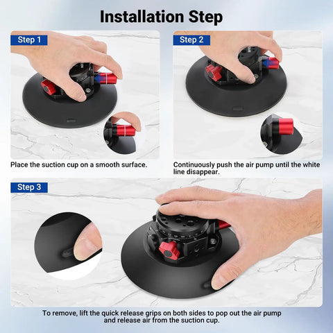Installation steps for 6 Inch Camera Suction Cup Mount With Ball Head Magic Arm For Car Windshield Or Dash, showing setup on surface.