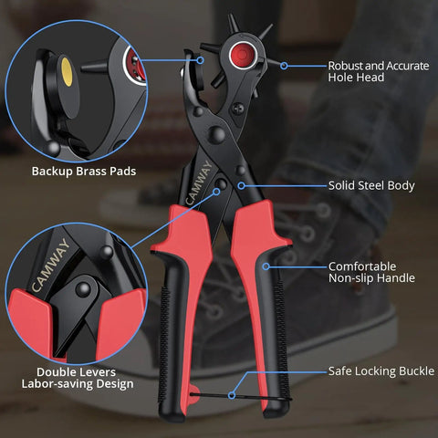 Close-up of Leather Hole Punch Kit With 6 Size Revolving Punch Plier All In One Pro Grade Quality, featuring labeled features.