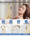 Floor Mount Freestanding Bathtub Faucet Set with high flow swivel spout and handheld shower in use, chrome finish detail visible.