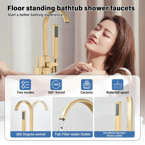 Floor Mount Freestanding Bathtub Faucet Set with high flow swivel spout and handheld shower in use, chrome finish detail visible.