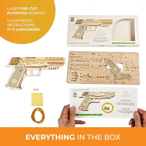 Wolf 01 Handgun 3D Puzzle Rubber Band Gun Mechanical Model Kit For DIY Wood Build, pre-cut plywood boards and rubber bands