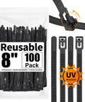 100 Pack Reusable Zip Ties 8 Inch Heavy Duty Outdoor UV Resistant Releasable 60 Lb Black Cable Ties with Quick Release Design