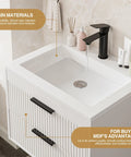 No Fuss 24 Inch Wall Mount Bathroom Vanity With Durable Resin Sink And Deep Twin Drawers, Smooth White MDF Floating Cabinet Featuring Matte Black Handles in close up view.