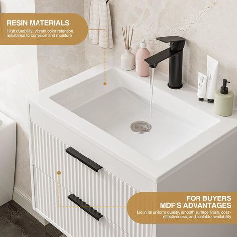 No Fuss 24 Inch Wall Mount Bathroom Vanity With Durable Resin Sink And Deep Twin Drawers, Smooth White MDF Floating Cabinet Featuring Matte Black Handles in close up view.