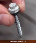 Close-up of Micro Bit ZXL WoodBinder Self Drilling Screws For Metal To Wood Size Ten By One And One Half Inch Galvanized With EPDM Washer